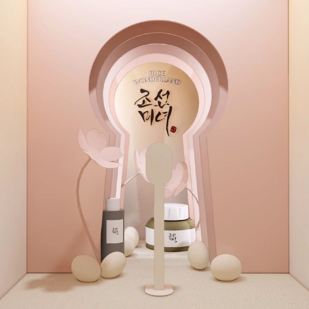 a pink room with a keyhole shaped door and eggs