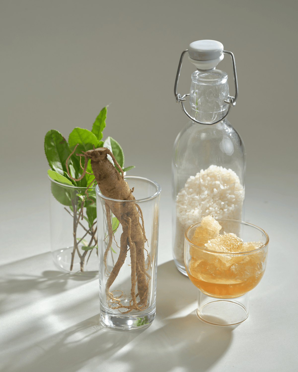 Herbal roots in a glass, bottle with white substance, and glass of liquid on a light surface.