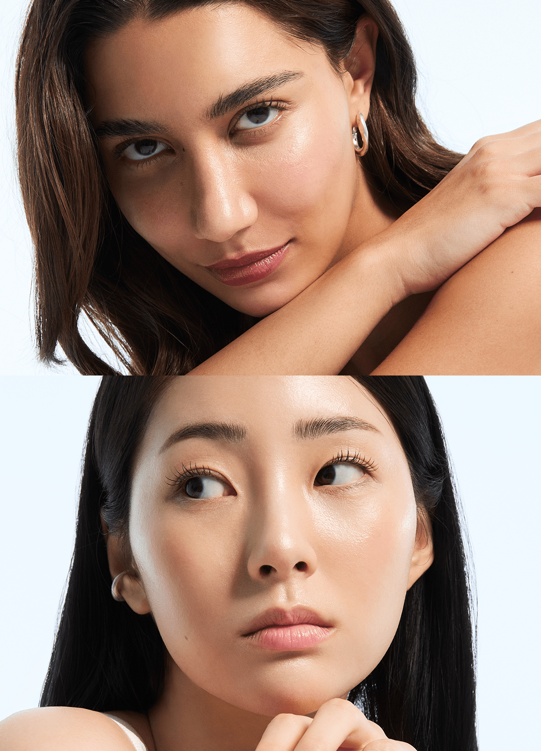 Two close-up portraits of women with a focus on their faces against a white background.